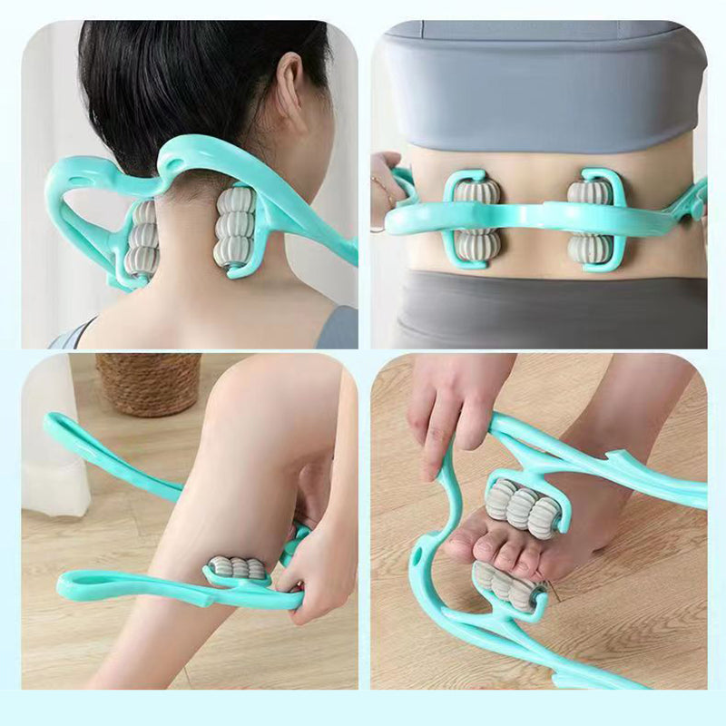 Let og ergonomisk joutsenformet nakkemassageapparat, blå, med kropsstøttende rullende massagehoveder og skridsikkert greb.
