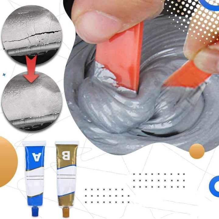 Tohovedet magisk reparationslim til håndværk og biler viser hvide og blå tuber