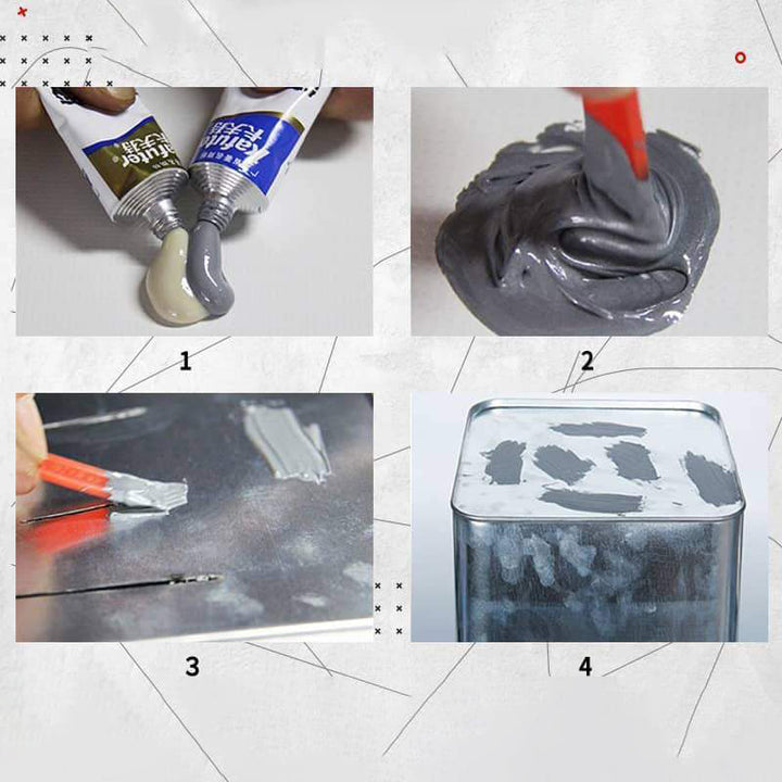 Tohovedet magisk reparationslim til håndværk og biler viser hvide og blå tuber