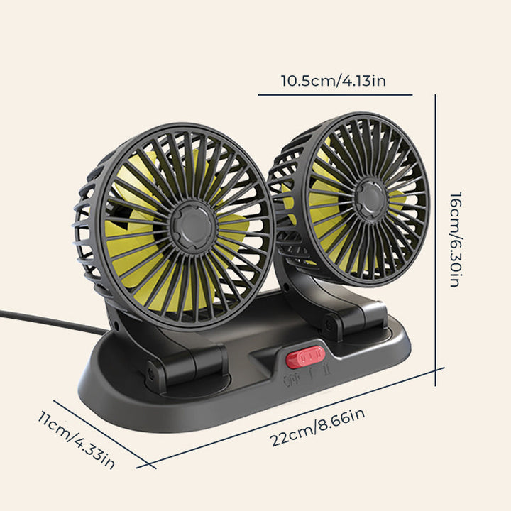 Dobbelt bilventilator 12V/24V, justerbar og kompakt, giver effektiv køling under kørslen.