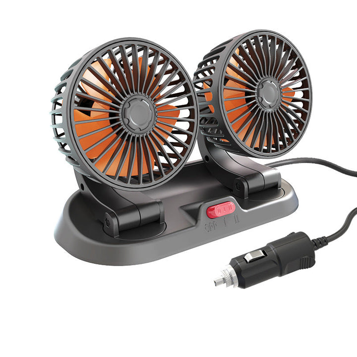 Dobbelt bilventilator 12V/24V, justerbar og kompakt, giver effektiv køling under kørslen.