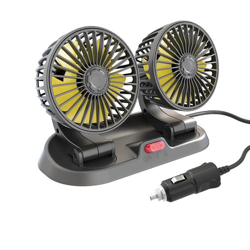 Dobbelt bilventilator 12V/24V, justerbar og kompakt, giver effektiv køling under kørslen.