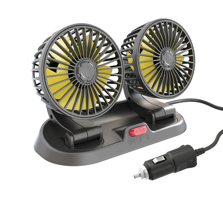 Dobbelt bilventilator 12V/24V, justerbar og kompakt, giver effektiv køling under kørslen.