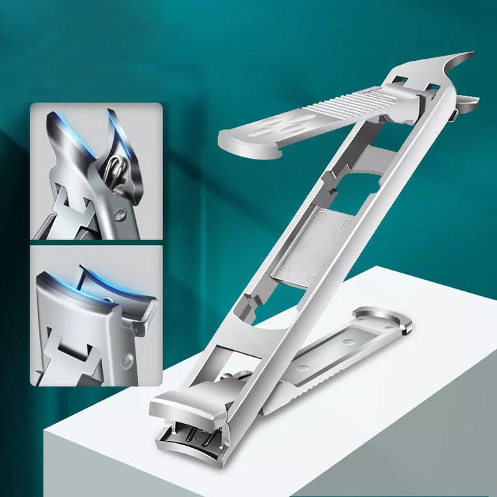 Dobbeltsidet sammenklappelig negleklipper i rustfrit stål, ergonomisk design, buet og skrå klinge, præcisionsklipning.