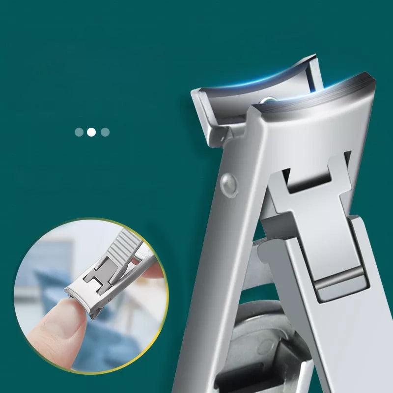 Dobbeltsidet sammenklappelig negleklipper i rustfrit stål, ergonomisk design, buet og skrå klinge, præcisionsklipning.