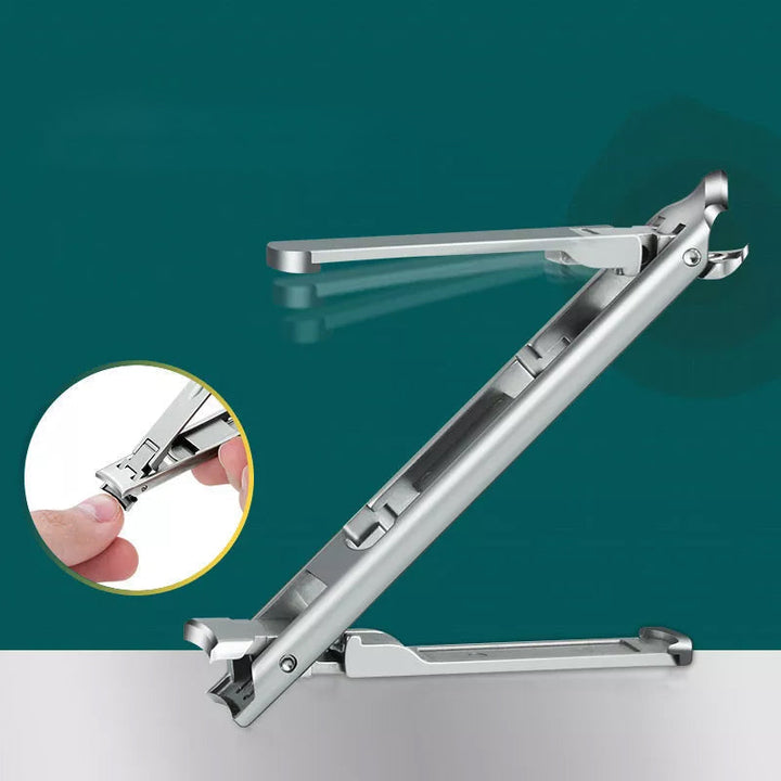 Dobbeltsidet sammenklappelig negleklipper i rustfrit stål, ergonomisk design, buet og skrå klinge, præcisionsklipning.