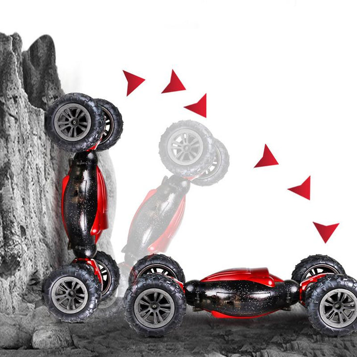 Dobbelt-sidet RC-bil til børn, blå farve, udstyret med gestusstyr og fjernbetjening, til stunts og terrænleg.