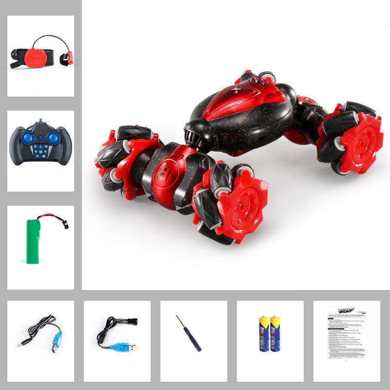 Dobbelt-sidet RC-bil til børn, blå farve, udstyret med gestusstyr og fjernbetjening, til stunts og terrænleg.