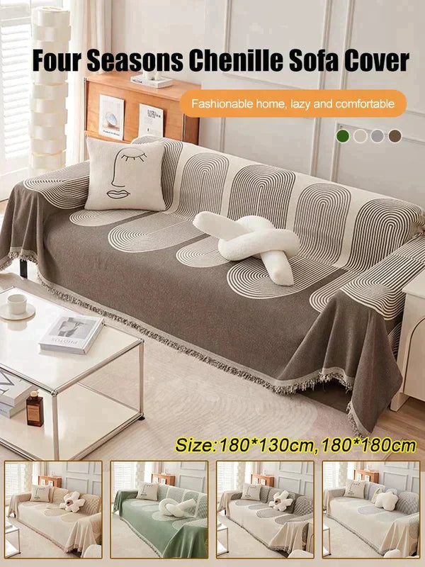 "Kaksipuolinen chenille sohvanpäällinen, beige, harmaa, vihreä, pehmeä ja tyylikäs kodin sisustukseen."