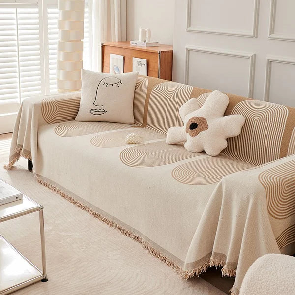 "Kaksipuolinen chenille sohvanpäällinen, beige, harmaa, vihreä, pehmeä ja tyylikäs kodin sisustukseen."