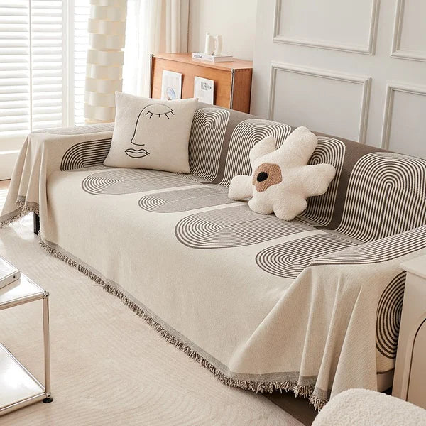 "Kaksipuolinen chenille sohvanpäällinen, beige, harmaa, vihreä, pehmeä ja tyylikäs kodin sisustukseen."