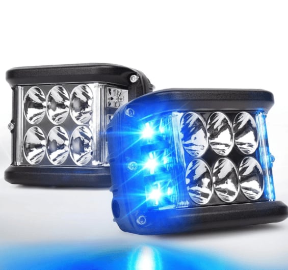 Tovejs LED-lys: hvid og blå aluminiumskonstruktion, forbedrer bilens synlighed nat og dag.