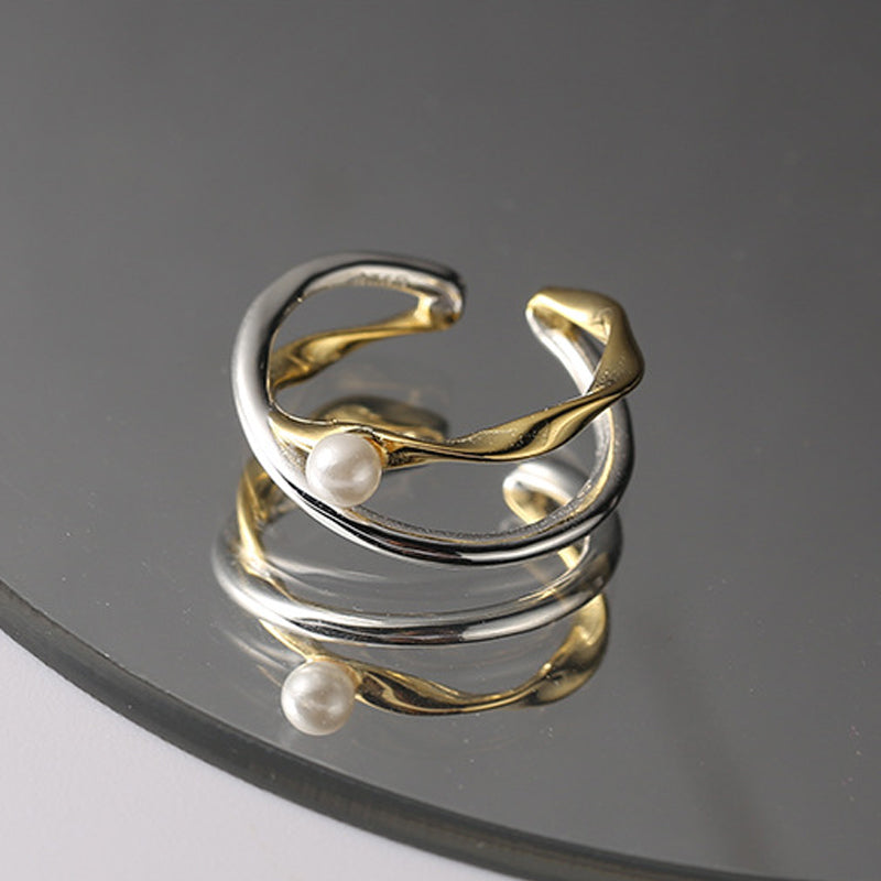 Bicolor perlering til kvinder, guld og sølv, moderne stil, justerbar størrelse, elegant design.