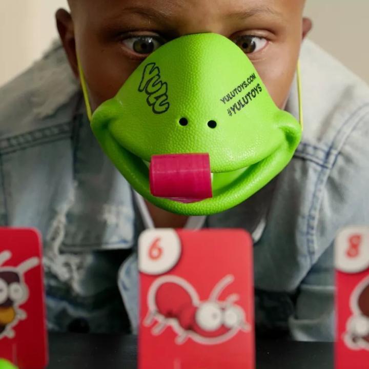 Kameleontspil til familien, farverige plastik fuglefigurer og spillekort i en legende opsætning.