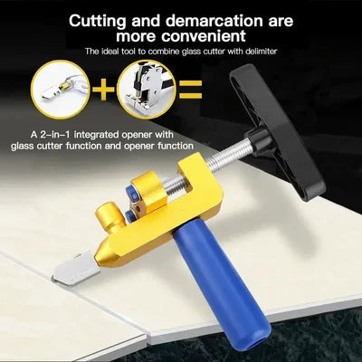 Bærbar 2-i-1 glas- og keramisk fliseskærer, kompakt og let, til DIY-projekter, ergonomisk design.