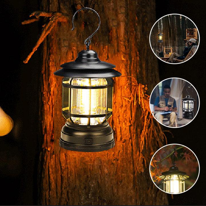 Bærbar LED retro-lampe til udendørs brug, enkelt retrodesign, vandtæt konstruktion, magnetisk fastgørelse, 360° belysning.