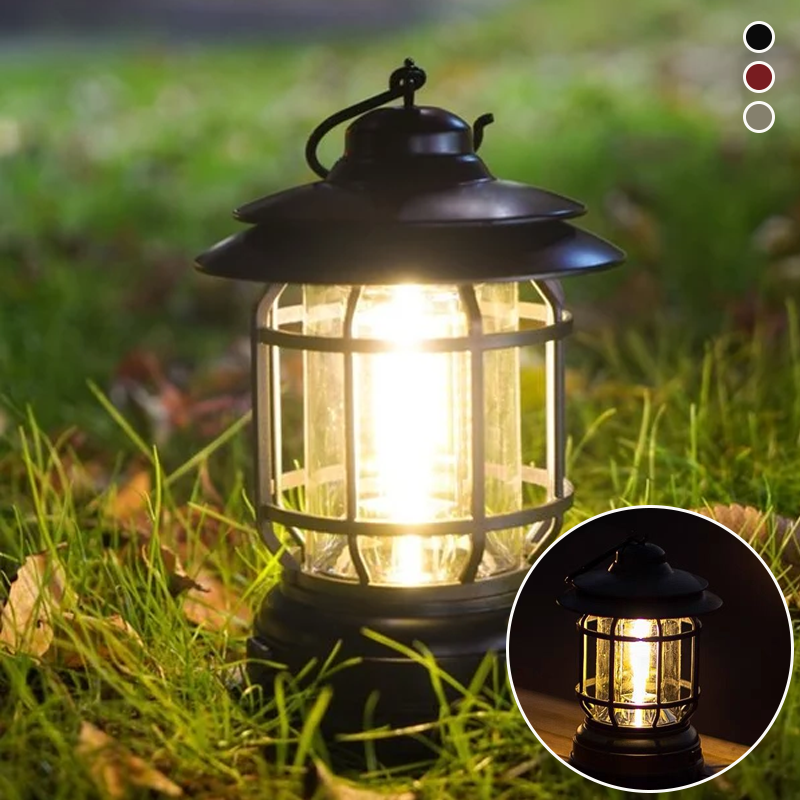 Bærbar LED retro-lampe til udendørs brug, enkelt retrodesign, vandtæt konstruktion, magnetisk fastgørelse, 360° belysning.