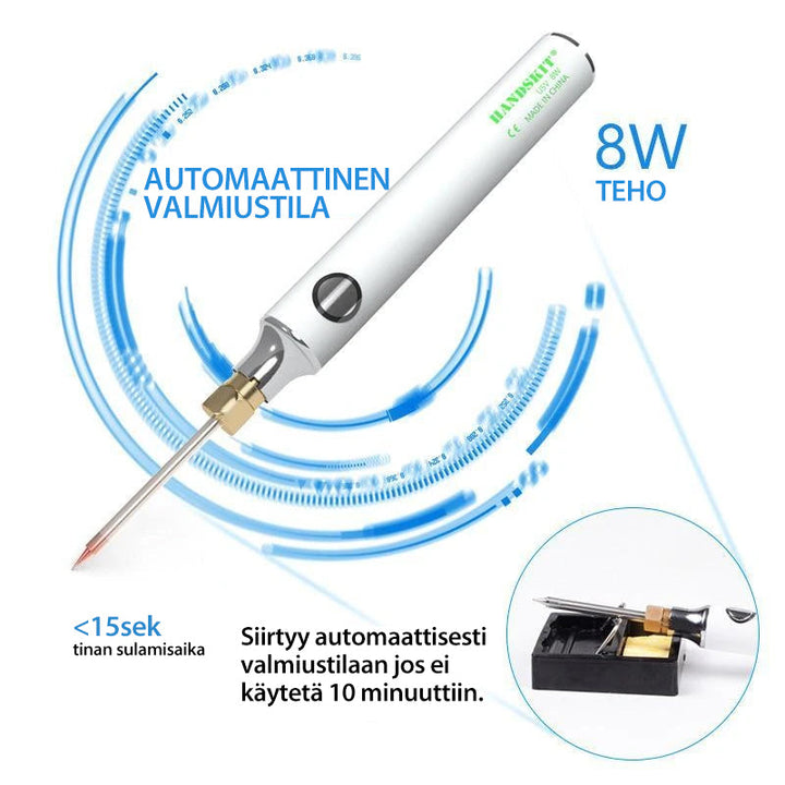 Bærbar USB genopladelig loddekolbe i arbejdsstilling, med synlig loddespids og medfølgende USB-kabel.