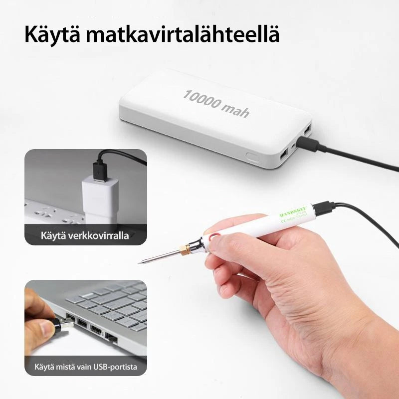 Bærbar USB genopladelig loddekolbe i arbejdsstilling, med synlig loddespids og medfølgende USB-kabel.