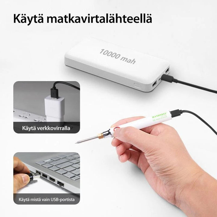 Bærbar USB genopladelig loddekolbe i arbejdsstilling, med synlig loddespids og medfølgende USB-kabel.