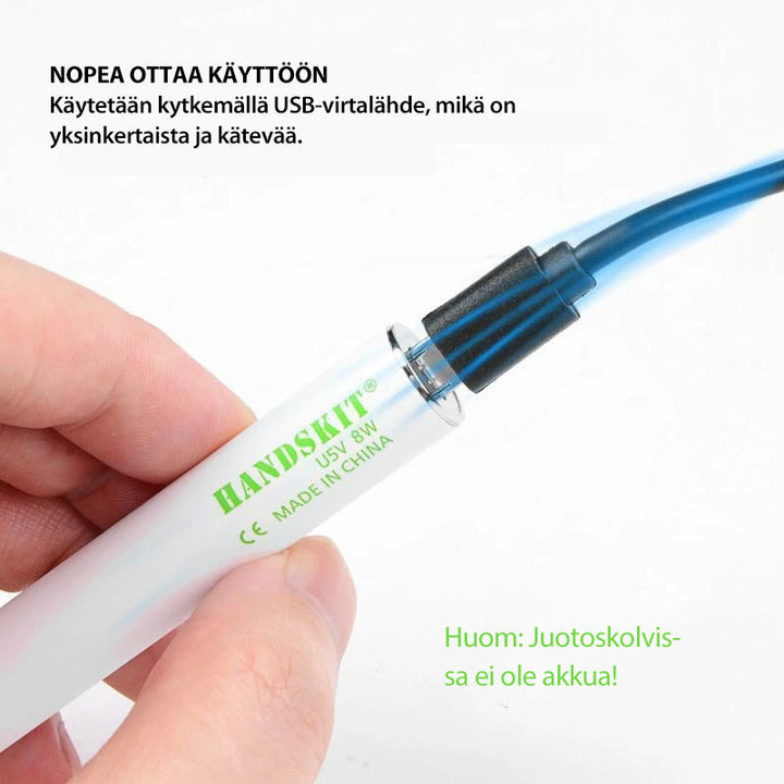 Bærbar USB genopladelig loddekolbe i arbejdsstilling, med synlig loddespids og medfølgende USB-kabel.