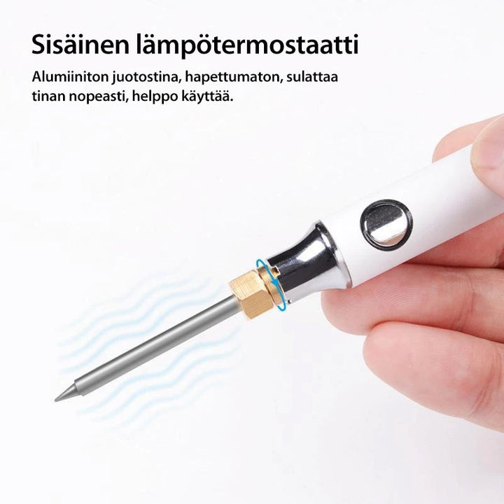Bærbar USB genopladelig loddekolbe i arbejdsstilling, med synlig loddespids og medfølgende USB-kabel.