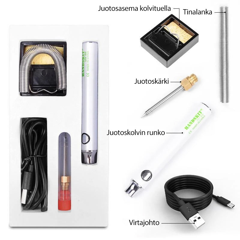Bærbar USB genopladelig loddekolbe i arbejdsstilling, med synlig loddespids og medfølgende USB-kabel.