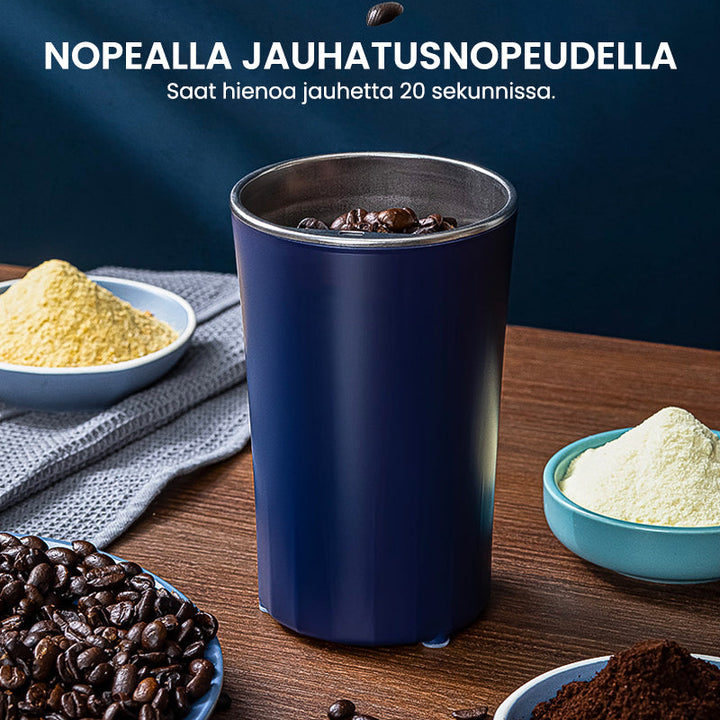 Bærbar kværn i rustfrit stål, minimalistisk design, blå og hvid, køkkenredskab.
