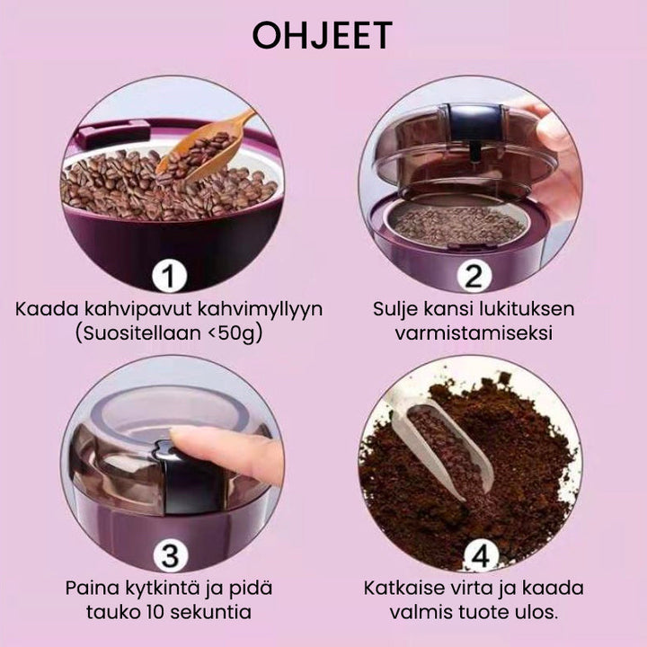 Bærbar kværn i rustfrit stål, minimalistisk design, blå og hvid, køkkenredskab.