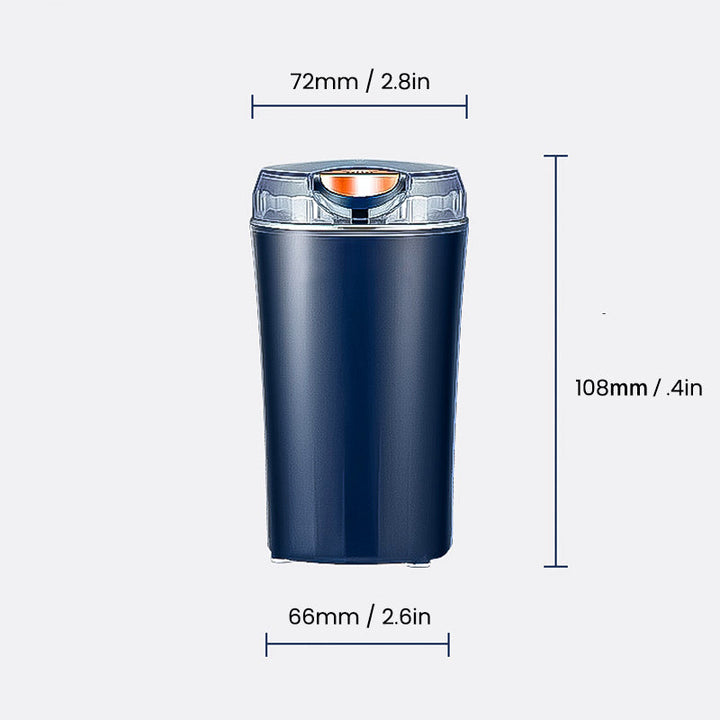 Bærbar kværn i rustfrit stål, minimalistisk design, blå og hvid, køkkenredskab.