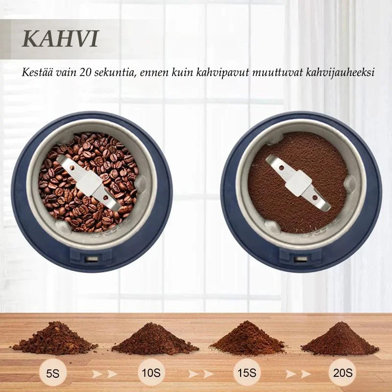 Bærbar kværn i rustfrit stål, minimalistisk design, blå og hvid, køkkenredskab.