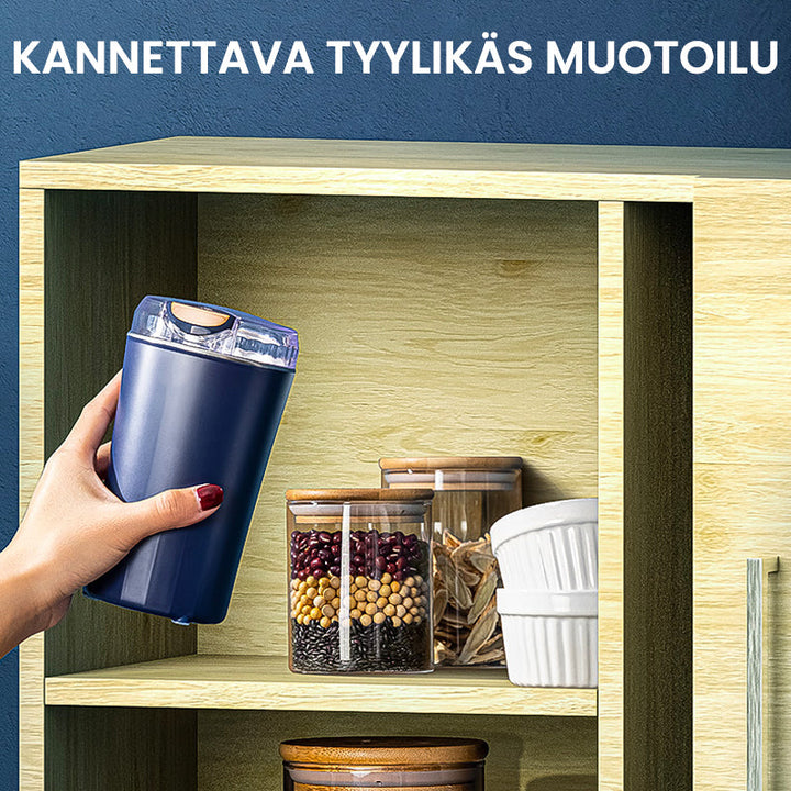 Bærbar kværn i rustfrit stål, minimalistisk design, blå og hvid, køkkenredskab.