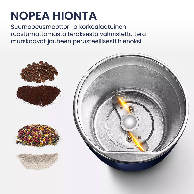 Bærbar kværn i rustfrit stål, minimalistisk design, blå og hvid, køkkenredskab.