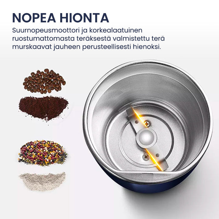 Bærbar kværn i rustfrit stål, minimalistisk design, blå og hvid, køkkenredskab.