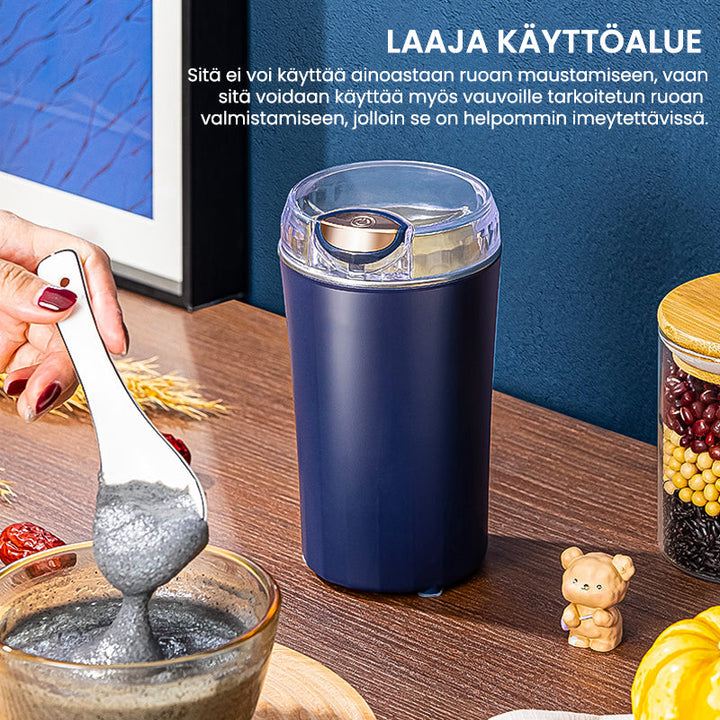Bærbar kværn i rustfrit stål, minimalistisk design, blå og hvid, køkkenredskab.