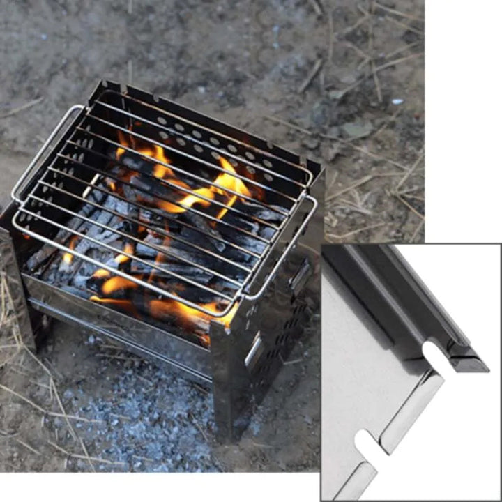 Bærbar kompakt BBQ-sæt til udendørs brug, rustfrit stål, velegnet til rygsækrejser og picnics, lommeformat design.