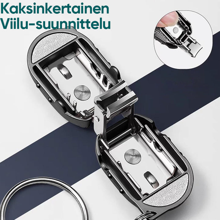 "Bærbar mini sammenklappelig negleklipper med nøgleringsstil, kompakt sølvfarvet design til rejser."