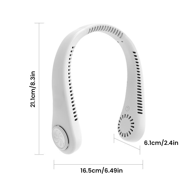 Bærbar multifarvet halsventilator; bladløst design; fire farver; blå, grøn, pink, hvid.
