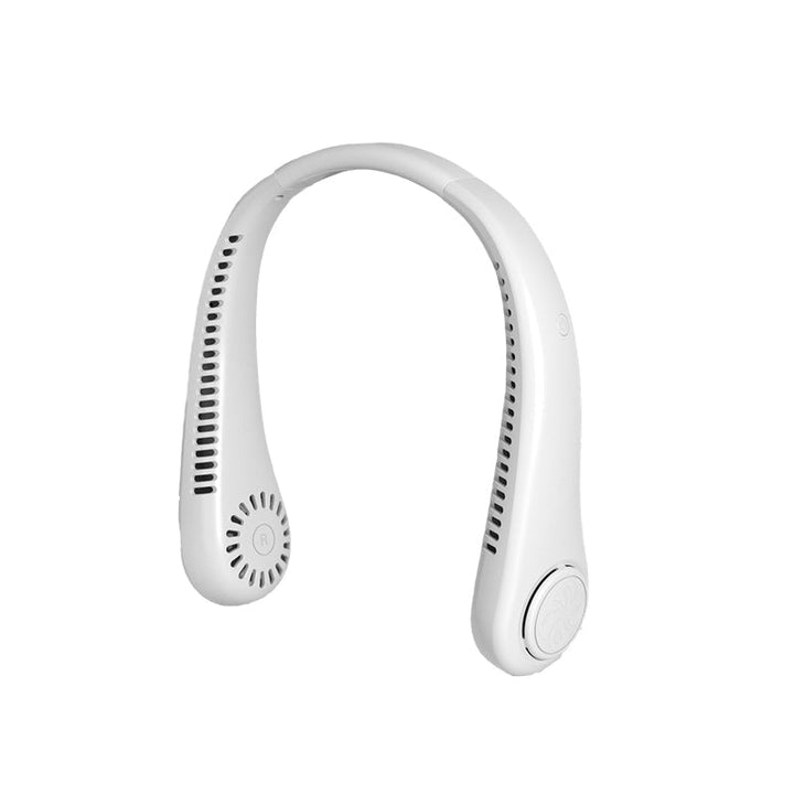 Bærbar multifarvet halsventilator; bladløst design; fire farver; blå, grøn, pink, hvid.