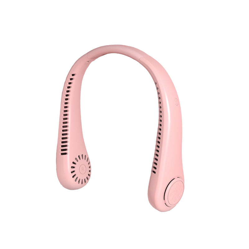 Bærbar multifarvet halsventilator; bladløst design; fire farver; blå, grøn, pink, hvid.