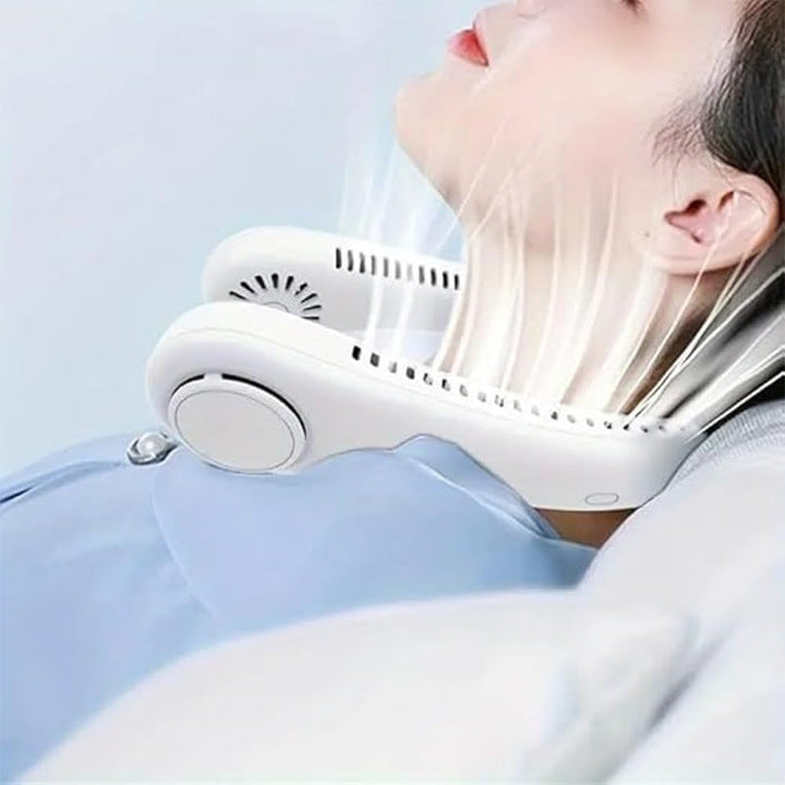 Bærbar multifarvet halsventilator; bladløst design; fire farver; blå, grøn, pink, hvid.