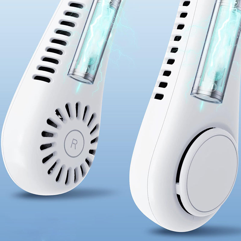 Bærbar multifarvet halsventilator; bladløst design; fire farver; blå, grøn, pink, hvid.