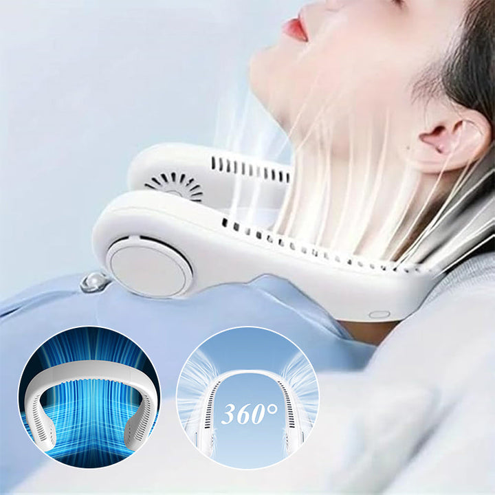 Bærbar multifarvet halsventilator; bladløst design; fire farver; blå, grøn, pink, hvid.