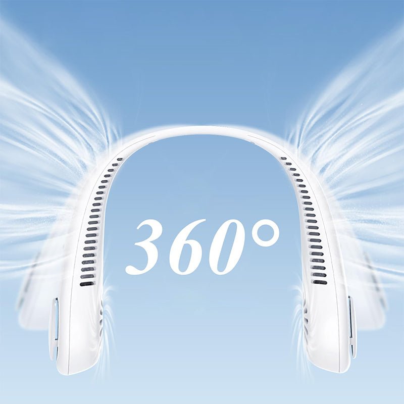 Bærbar multifarvet halsventilator; bladløst design; fire farver; blå, grøn, pink, hvid.