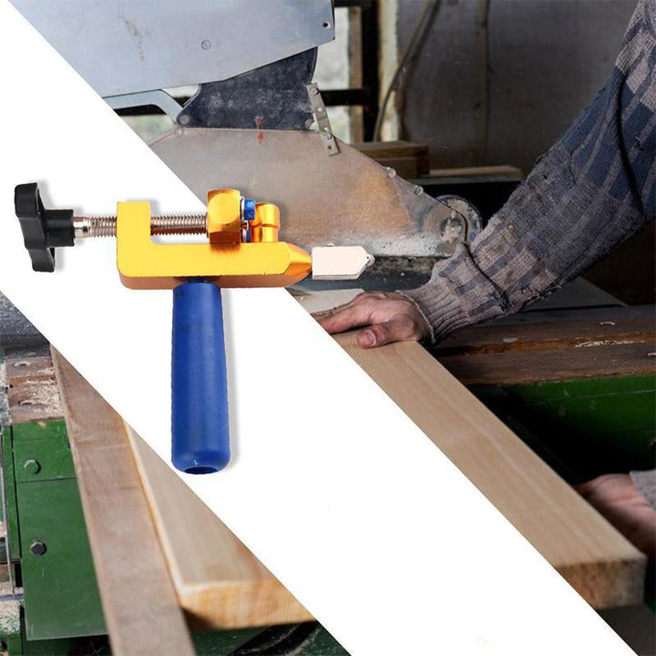 Kannettava sininen ja keltainen integroitu laattaleikkuri käsityökaluille, kompakti muotoilu, alumiiniseos ja PS-materiaali.