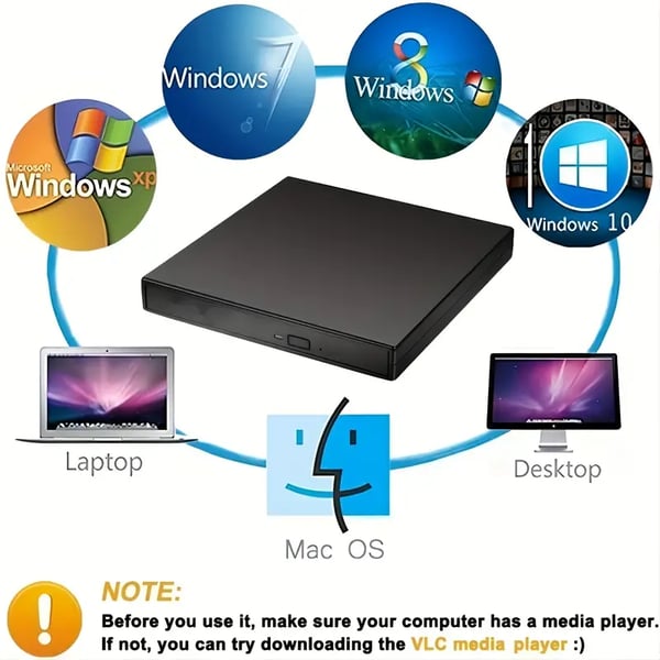 Kannettava ulkoinen CD DVD-asema, musta tai valkoinen. Tyylikäs ja kompakti design. Helppokäyttöinen plug and play -ominaisuu
