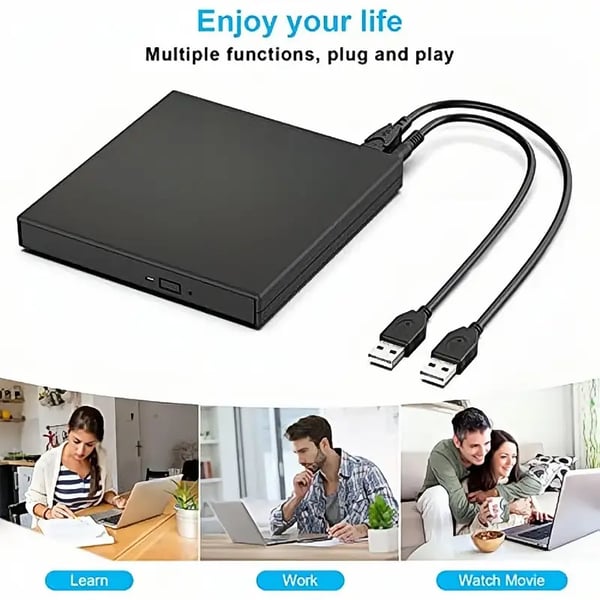 Kannettava ulkoinen CD DVD-asema, musta tai valkoinen. Tyylikäs ja kompakti design. Helppokäyttöinen plug and play -ominaisuu