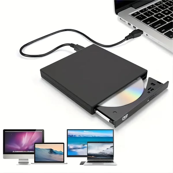 Kannettava ulkoinen CD DVD-asema, musta tai valkoinen. Tyylikäs ja kompakti design. Helppokäyttöinen plug and play -ominaisuu