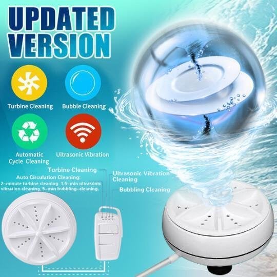 Kannettava ultraäänipesukone USB:llä; kompakti ja tehokas, valkoinen laite, joka puhdistaa vaatteet ja astiat vaivattomasti.