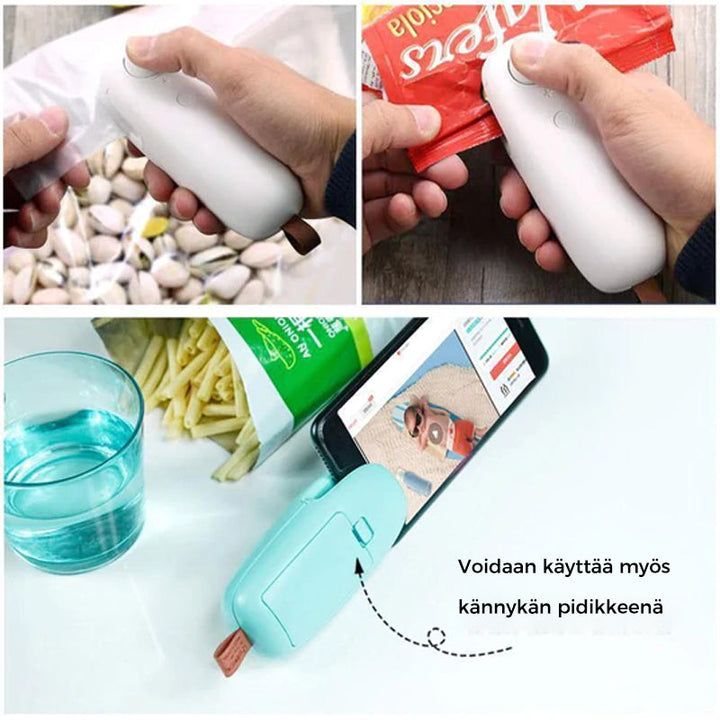 Bærbar hvid mini varmepose-lukker, kompakt størrelse, egnet til madopbevaring, med bundmagnet, køkkentilbehør.